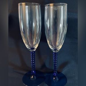 2 Crystal Champagne Flutes, Cobalt Stem